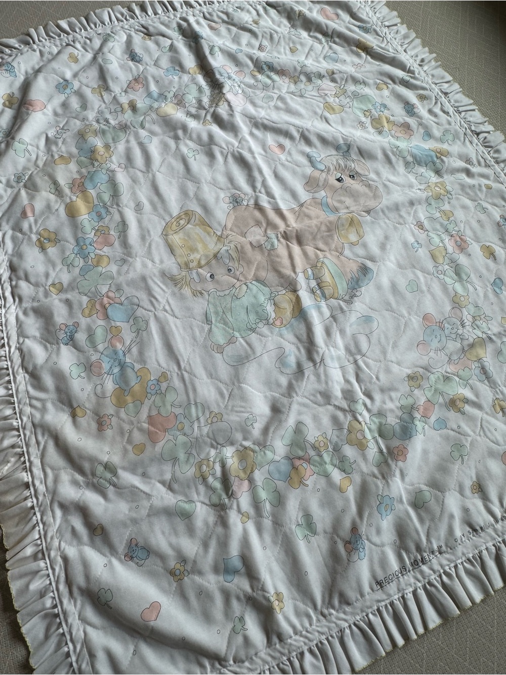 Precious Moments Pastel Nursery Quilt with Animal Motif - White